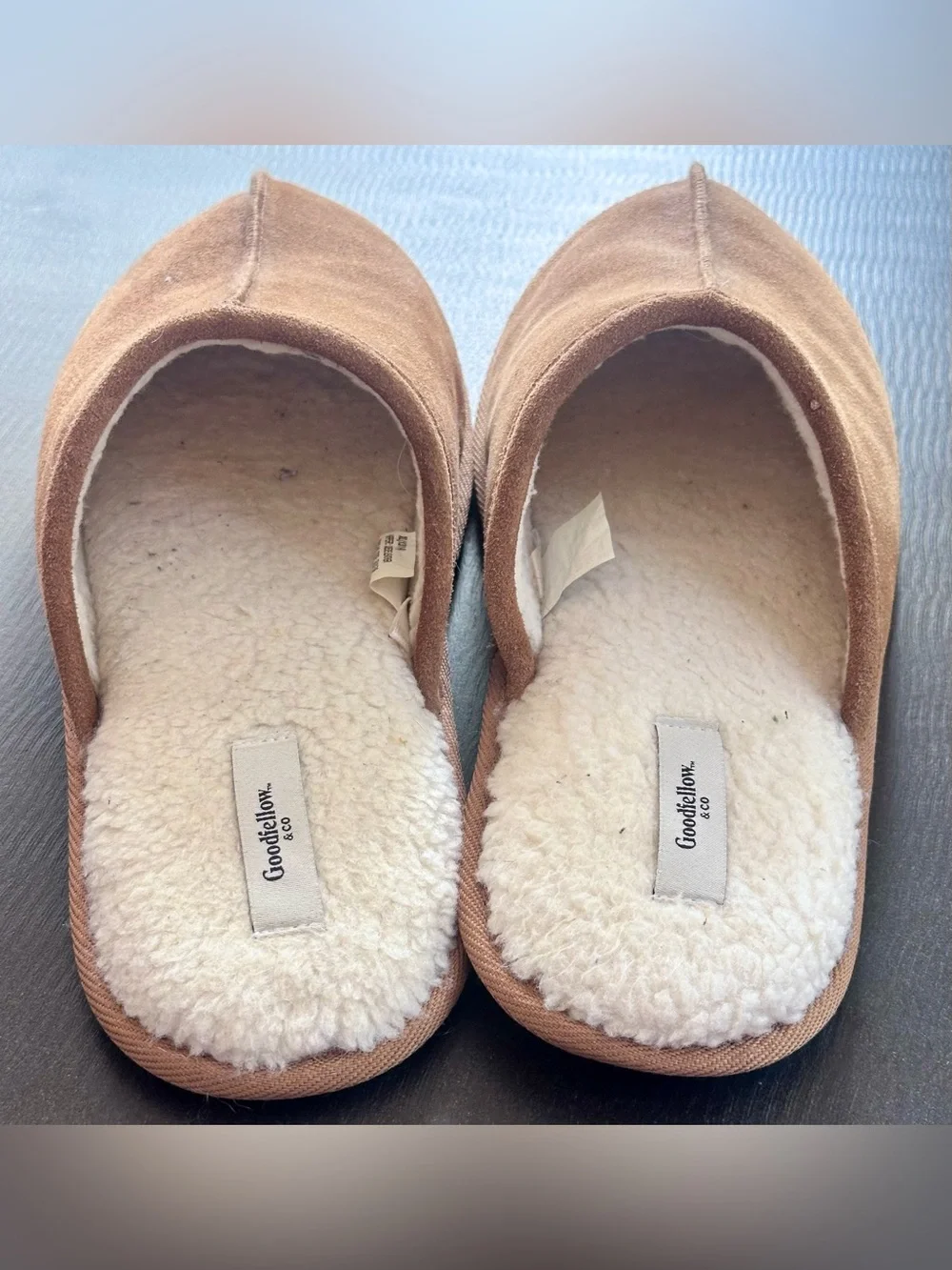 Goodfellow & Co Brown Suede Leather Mule Slippers Men’s XL 13/14 Cozy Faux Fur